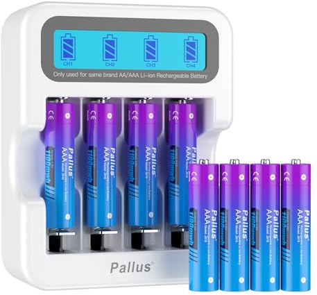 Pallus 8 Stück Wiederaufladbare AAA Lithium Akku mit 2-Stunden-Schnellladegerät, 4 Unabhängige Steckplätze, 1100mWh Hohe Kapazität, Kein Memory-Effekt, Geringe Selbstentladung, Zykluszeit Bis zu 1600