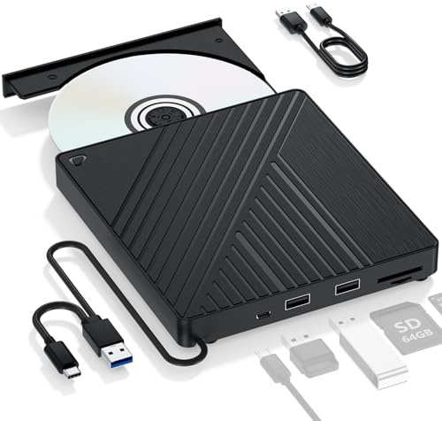 Unidad de Blu-ray externa 5 en 1 ultraportátil: USB 3.0 y grabadora de DVD/CD USB-C, lector BD con puertos USB-A duales y lectores de tarjetas SD/TF, compatibilidad perfecta para portátil/PC para