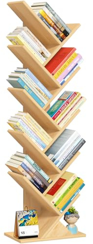 LELELINKY Bücherregal Baumform, Standregal 10 Ebenen für Bücher/CDs/Zeitschriften, DVD Bücherregal Holz, Bücher Regal für Wohnzimmer, Schlafzimmer und Heimbüro, Natur