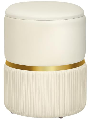 HOMCOM Pouf Tabouret Repose-Pied, Coffre de Rangement, en Velours Côtelé, Design Moderne, 36 x 36 x 44 cm, pour Salon, Chambre, Beige