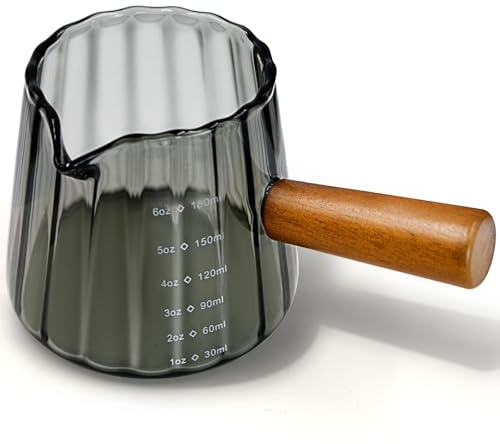Vaso medidor de café expreso de 180 ml con mango de madera, pequeña taza de medición con escala, vasos medidores transparentes con apertura en forma de V, vaso medidor de cóctel ML para café, leche