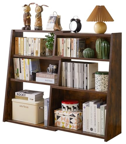 Aibiju Wooden Expandable Bookcase, 3-Tier Ladder Open Storage Bookshelf with 6 Compartments, Freestanding Storage Shelf for Living Room, Home Office, Dinning Room, Rustic Brown YD-BC005H