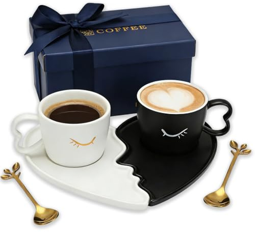 Set di tazze da caffè, regalo per uomini e donne, per matrimoni, coppie, tazze da caffè, 200 ml, in ceramica, con piattino, per coppia di sposi, fidanzamenti, San Valentino