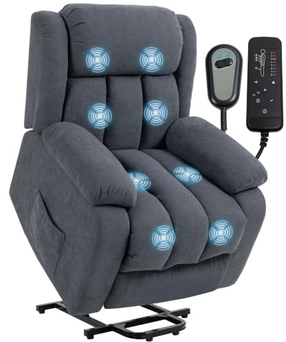 HOMCOM Poltrona Elettrica Alzapersona Reclinabile 135° Grigio Scuro | Poltrona Relax, Massaggiante 8 Punti, Tessuto Effetto Lino Traspirante, Anziani, Telecomando, Poggiapiedi, Tasca Laterale