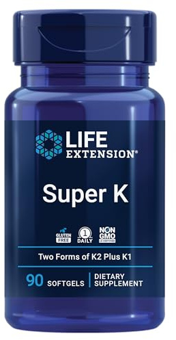 Life Extension Super K, Vitamin K Supplement, 2000 Mcg Vitamin K and 1180 Mcg Vitamin K2, Heart Health, Once-Daily, 90 Softgels