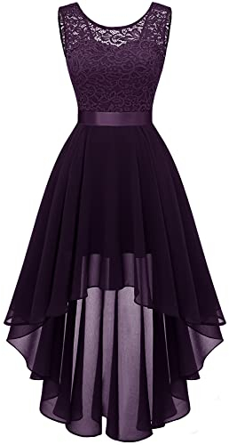 Berylove 7035 Vintage Robe de Cocktail Pin Up High Low en Dentelle Mousseline pour Mariage Soirée Bal Jupe Asymétrique sans Manche avec Ceinture Raisin S