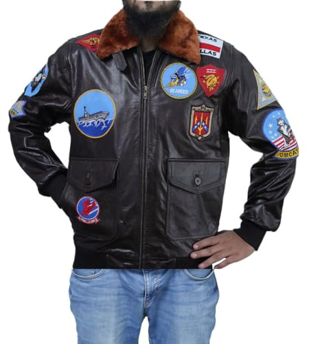 TOP Gun G-1 - Chaqueta de piel de vacuno con bolsillos tradicionales de color azul marino y bolsillos | Air Force A2 Flight, marrón, S