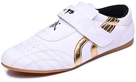 MENG Taekwondo Shoes, Kung Fu Tai Chi Shoes Martial Arts Sneaker Boxing Karate Black Stripes Sneakers Lightweight Shoes for Adults and Kids (Color : Gold, Size : 39)