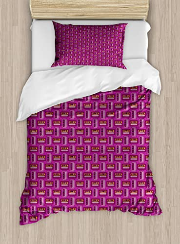 Ambesonne Retro Duvet Cover Sets, Cassette Tapes Pattern Nineties Design Classic Motifs Illustration, Bedding Set with 2 Duvet Covers & 2 Pillowcases, 2 Pack Twin Size, Yellow and Pink