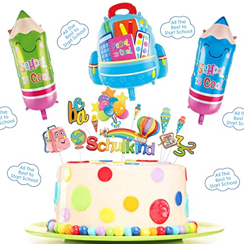 Einschulung Deko Jungen Mädchen, Schuleinführung Schulanfang Deko Set, DIY Einschulung Deko Set mit 1 Schultüte Folienballon + 2 Pencil Folienballons +11 Stk Schulanfang Cupcake Topper(Blaue Serie)