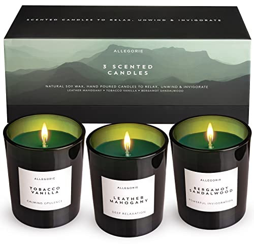 Set of Three Scented Candles for Men | Masculine scents of Bergamot & Sandalwood. Leather & Mahogany, Tobacco & Vanilla | 3 x Natural Soy Wax Candle for Men (5.6oz)