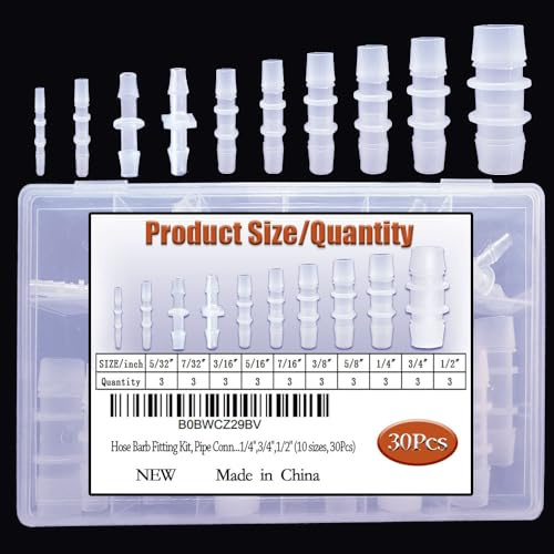 30Pcs Hose Barb Fittings Kit, Pipe Connector Joint Splicer Mender Adapter Union for Aquarium Adapter Gas Liquid Air, for Hose ID 5/32,7/32,3/16,5/16,7/16,3/8,5/8,1/4, 3/4, 1/2(10 sizes)