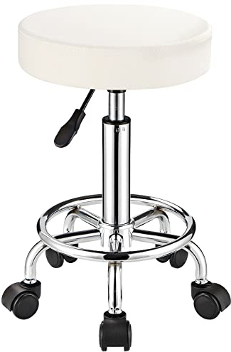 FNZIR Tabouret réglable avec roulettes, tabouret rond moderne pour spa, salon, massage, bureau, siège en cuir synthétique blanc, capacité de 113,4 kg