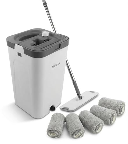 Allyson® Wischmopp Set Bodenwischer inkl. 5 Mops, 3-Kammer Wischmopp Set mit Eimer, Mob Wischer mit Haarentferner und Auswringfunktion - Putzeimer Wischmop für Wohnung Putzen, Mop für Fliesen & Holz