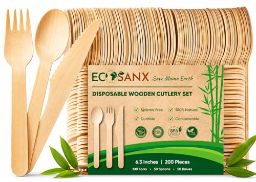 200 PCs Wooden Cutlery Set, 6.5 Splinter Free Disposable Cutlery for Parties, Biodegradable, Eco-Friendly, 100 Wooden Forks 50 Disposable Spoons & 50 Knives for Outdoor, Camping, Events & More