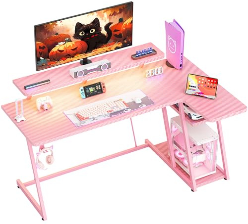 HOMIDEC Gaming Desk with LED Lights, 140CM Computer Desk with Monitor Stand, L Shaped Corner Desk with Headphone Hook and Shelves for Gaming Room, Bedroom, Office, Pink