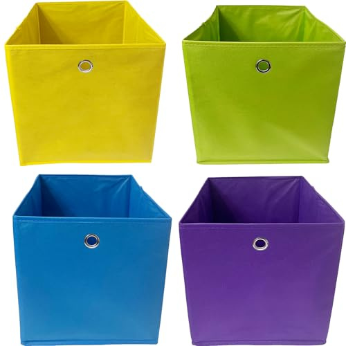 Vixzoid Aufbewahrungsbox Stoff 4er Set 33x38x33cm Faltbox Faltbare Faltkiste mit Fingerloch für Kallax Regale oder Schrank Regal Spind Einsatz Boxen (Gelb+Grün+Lila+Blau)