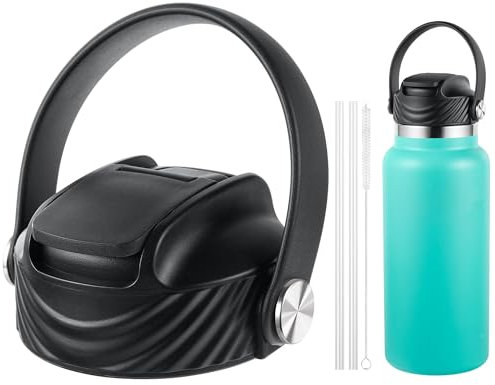 FLORAPELL Straw Lid for Hydro Flask Wide Mouth Water Bottle, Top Lids with Straw Compatible with Hydroflask 32 40 oz, Replacement Cap Straws Flip Lid Flex Handle (Black)