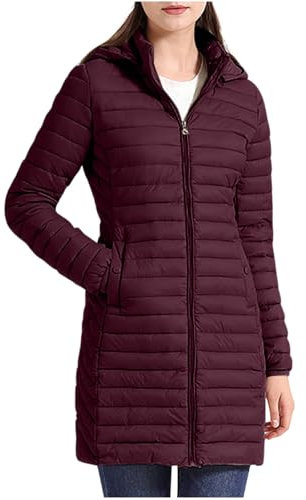 KUIH Women's Longline Quilted Coat Hooded Puffer Jackets Warm Lightweight Coats Solid Color Ladies Long Coat Outerwear Windproof Casual Padded Down Jacket for Walking Hiking Travel