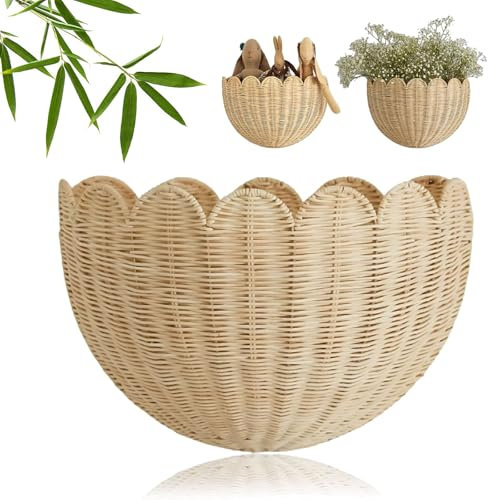 Panier mural festonné en osier festonné à suspendre pour mur, décoration d'intérieur pour salle de bain, chambre à coucher, salon (1 pièce)