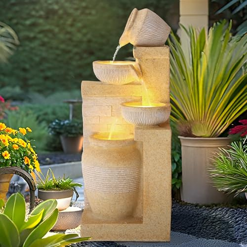 USSerenaY 4-Tier Outdoor Indoor Water Feature Fountain, 32 H Indoor Cascading Waterfall with 3 LED Lights, Floor Standing Garden Fountain for Garden, Deck, Backyard, Patio, Yard (Yellow)