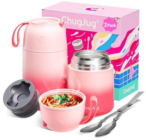 2 Pack Insulated Food Jar Set, 26oz & 18oz Stainless Steel Vacuum Insulated Soup Containers for Hot Food, Leak-Proof Thermal Food Jars with Spoons, Cute Stylish Design for School, Work & Travel (Pink)