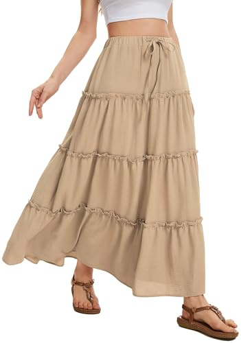 WUWUSKY kjol damer sommar maxi kjol elegant lång hög midja sommarkjol casual A-linje fritidskjol med 2 fickor, lampor kaffe, S