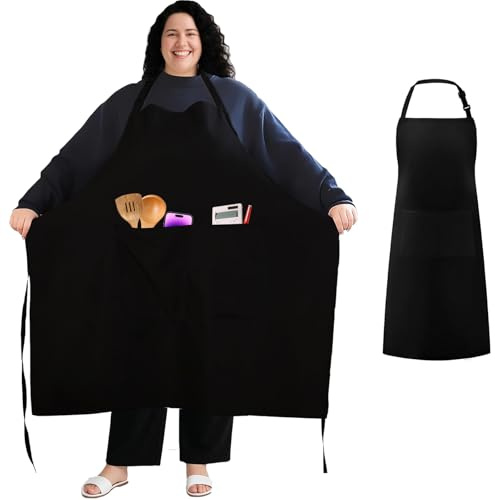 FHUZRE Grembiule Cucina Uomo Donna Taglia Grande, Grembiule Cuoco Barbecue Nero Lungo Professionale, Grembiuli da Cucina BBQ Grigliata Pasticceria Cameriere Lavoro Chef con 2 Tasche