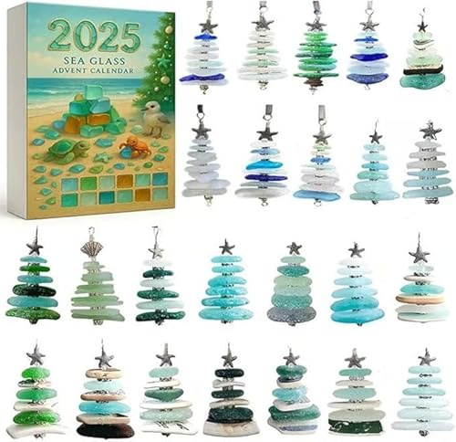 Havsglas julgran adventskalender, 24 dagars jul nedräkningskalender med 24 miniatyr julgransprydnader, havstema helg överraskningar gåva, semester och heminredning, 1 st