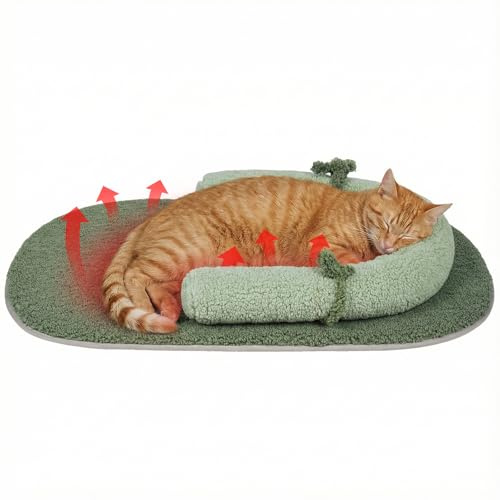 Pawfun Self Warming Cat Bed Mat with Soft U-Shaped Pillow– Thickened Calming Cat Bed for Kittens and Small Dogs – Portable Washable Cats Warming Pad for Indoor or Travel Use,Green