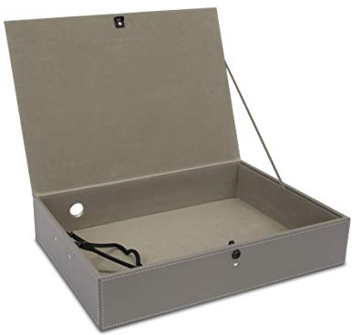Osco Faux Leather Box File – Paperwork Archive, A4 Document Storage Box with Lock Spring & Press-Stud Fastening, Stylish Home & Office Filing Solution, 37.5×26.5×8 cm, Single, Grey