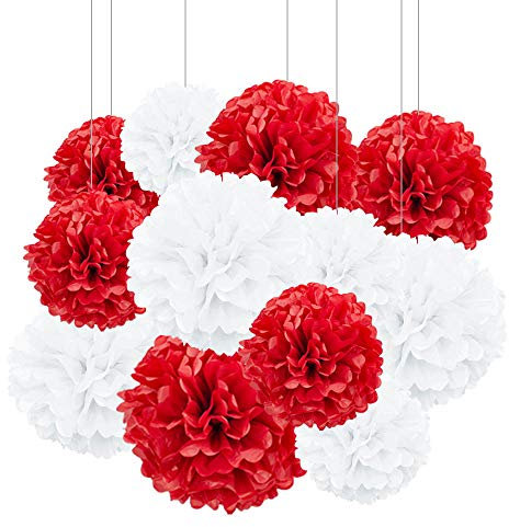 ZooYoo 12 Stück rote und weiße hängende Pompons aus Seidenpapier für partydeko,decke,wand,seidenblumen– 2 Farben à 30,5 cm, 25,4 cm