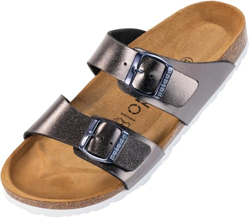 Palado Pantoletten Damen Samos - elegante Sandalen Made in Spain - bequeme Hausschuhe mit dämpfendem Kork-Fußbett - modische Sommerschuhe Metallic Anthrazit UK3,5 - EU36
