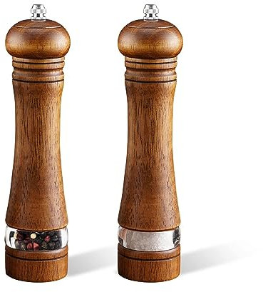 2-Piece Salt and Pepper Grinder Set, 8 Inch Wooden Salt and Pepper Mills with Adjustable Coarseness, Refillable Manual Pepper Mill Grinder for Home Cooks (Brown)