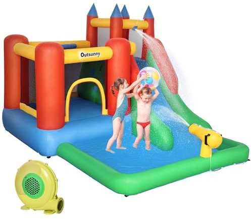 Outsunny Castillo Hinchable para Niños +3 Años Castillo Inflable con Inflador Parque Acuático con Tobogán Trampolín Piscina y Bolsa de Transporte 330x245x215 cm Multicolor