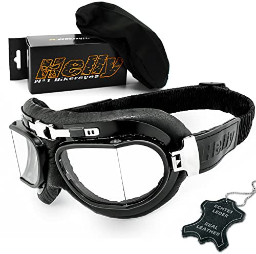 HELLY® - No.1 Bikereyes® | Motorradbrille | echt Leder | beschlagfrei, winddicht, HLT® Kunststoff-Sicherheitsglas nach DIN EN 166 | Motorradbrille: 1410 (klar/black)
