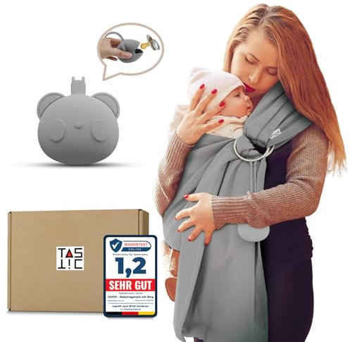 TASTIC Babytragetuch mit Ring für freie Hände als Set inkl. Schnullerbox - Zum Anhängen von Portmonnaie oder Schnullerboxen - Die Babytrage ab Geburt in der Farbe Silbergrau