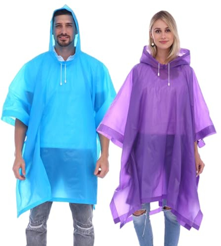 Rain Ponchos for Adults (2 Pack), Reusable EVA Rain Poncho Portable Rain Coats for Men and Women Waterproof with Hood (Purple Blue)
