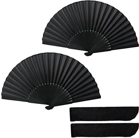 JZK 2 abanicos de bambú de tela de seda negra para regalo de boda, viajes, baile, funeral, decoración del hogar, decoración del hogar, regalo para mujeres, herramienta de alivio de sofocos