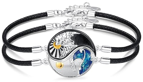 JFASHOP Yin Yang Pulsera de plata de ley 925 Taichi Pareja BFF Cadena Montaña Sol Colgante Pulsera 2 Piezas Yin Yang Cadena Joyas Regalos para Mujer Hombre Pareja, Extra, Plata, Circonita cúbica