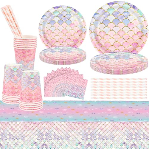 Decorazione a sirena, 81 pezzi, set di stoviglie per feste di compleanno e baby shower, tovaglie, cannucce e tovaglioli