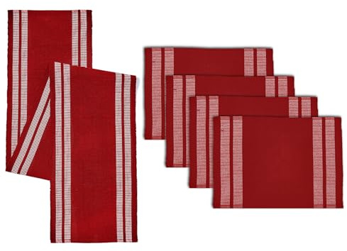Encasa XO Camino de Mesa y Juego de Manteles Individuales 4 | Algodón de Costura Fina | Escalera Roja | 1 Camino de Mesa de 32x137 cm y Cada Mantel Individual de 48x32 cm