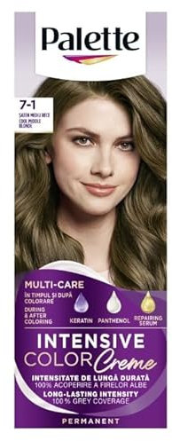 Hair dye PALETTE Intensive Color Creme 7-1 Cool Medium Blonde, long lasting intensity, 100% gray coverage, sparkling shine hair with a vibrant look 110ml x 2 (Pack of 2)