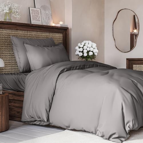 Juego de Funda nórdica 3 Piezas - Funda de edredón 135x200, 2 Fundas de Almohada 80x80 - Microfibra poliéster Suave y Transpirable - Cremallera Resistente y Lazos de sujeción - Oeko-Tex - Gris Oscuro