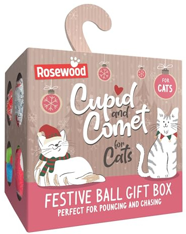 Rosewood Festive Ball Gift Box for Cats – Set of 8 Crinkle, Rattle & Pom Pom Balls in 4 Festive Designs – Christmas Cat Toy Set for Batting, Swatting & Chasing for Cats & Kittens