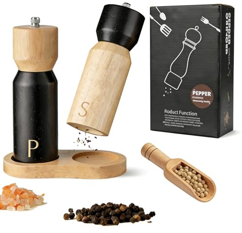 GCFTIFF Molinillo de sal y pimienta de madera con posavasos y cuchara, juego de 2 molinillos de cerámica, molinillo de especias manual, molinillo de especias con mecanismo ajustable para especias