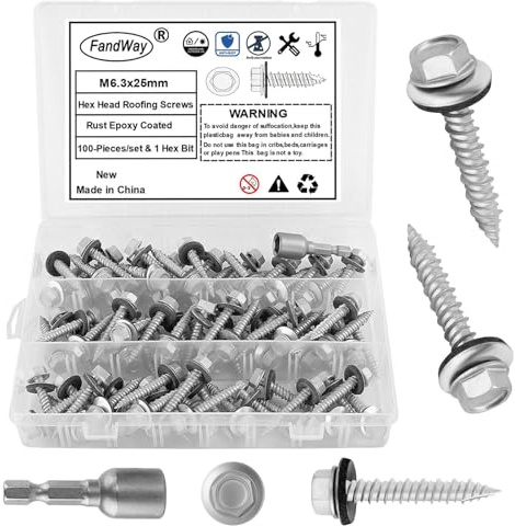 FandWay M6.3x25mm Self-Drilling Roofing Screws,120pcs Hex Head Sheet Metal Tek Screws,Rust Epoxy Coated Self Tapping Wood Siding Screw With EPDM Washer and Hex Drive for Corrugated Roofing.