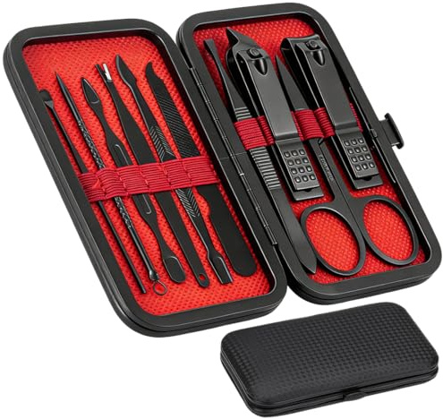 ZZHBOO 10 en 1 Set para el Cuidado de las Uñas,Herramientas Profesionales de Acero Inoxidable,Kit de Manicura y Pedicura Completo con Cuidado para,Ideal para Hombres y Mujeres,Negro y Rojo