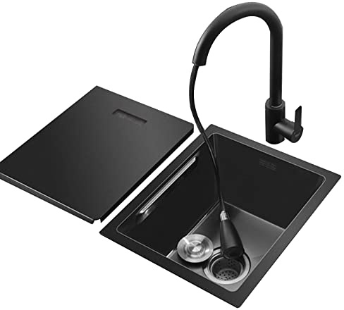 WDSOPK Svart diskho med lock enkel skål undermonterad handfatPulldown-kranstorlek för kök eller bar användning (42 x 35 x 21,5 cm)
