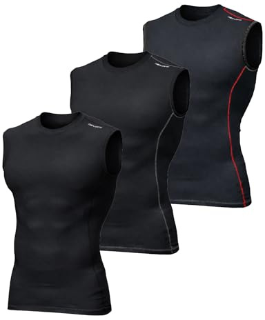 DEVOPS 3 Pack Men's Compression Shirts Sleeveless Workout Tank Top Baselayer for Gym Training, Running, Moisture Wicking (X-Large, Black/Black/Black)